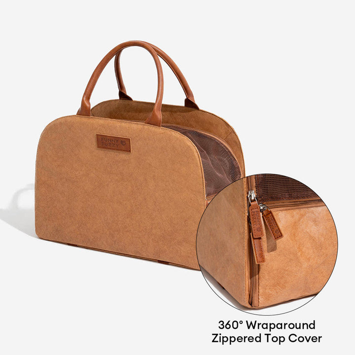 Erweiterbare Haustier-Reisetasche, umweltfreundlich, braun, für komfortablen Katzentransport.