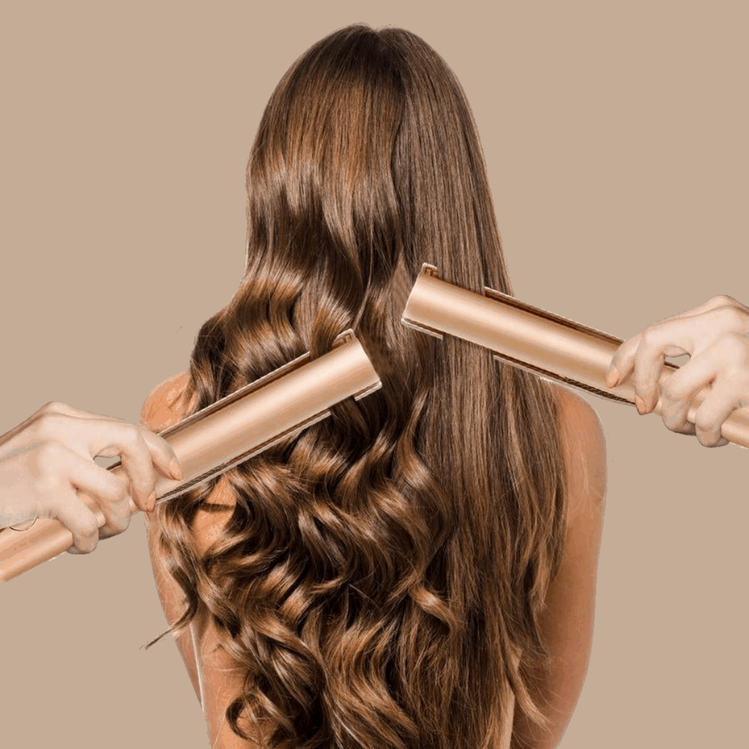 Person glättet Haare mit Unisex 2-in-1 Glätteisen. Keramikplatten für glattes, glänzendes Haar.
