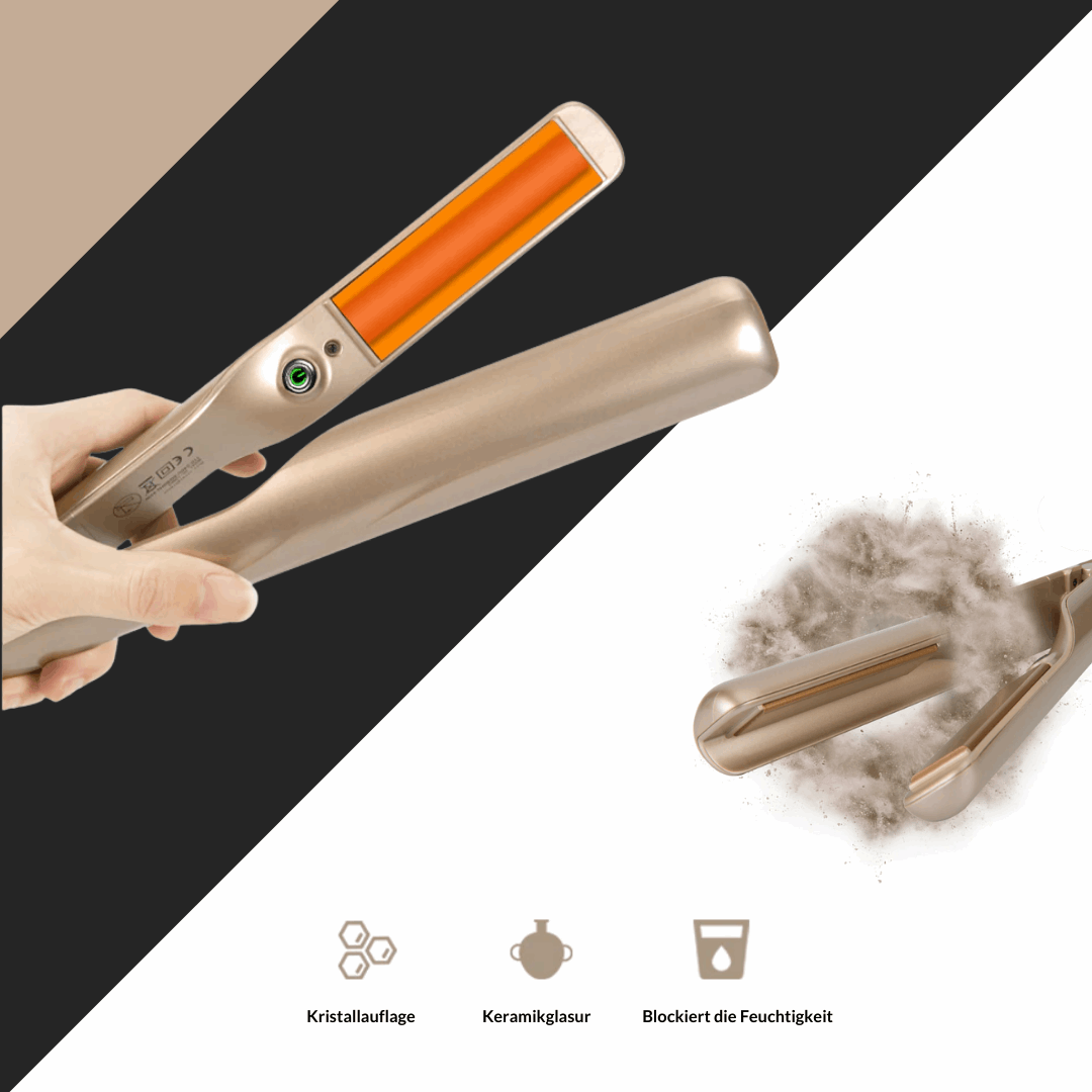 Nahaufnahme des 2-in-1 Stylinggeräts: Glätteisen & Lockenstab mit Keramikplatten und Ionenfunktion.