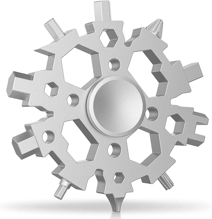 Unisex 22-in-1 Schneeflocken Multitool aus Edelstahl mit Fidget Spinner Funktion. Kompakter Alltagshelfer.