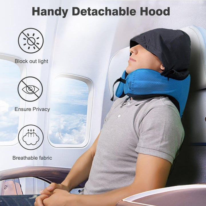 Ergonomisches Nackenkissen mit Kapuze bietet umfassende Nackenstütze & Reisekomfort für lange Fahrten.