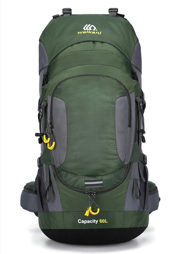 Hochwertiger 60L Outdoor-Rucksack, unisex, wasserdicht, mit reflektierenden Elementen für Sicherheit.