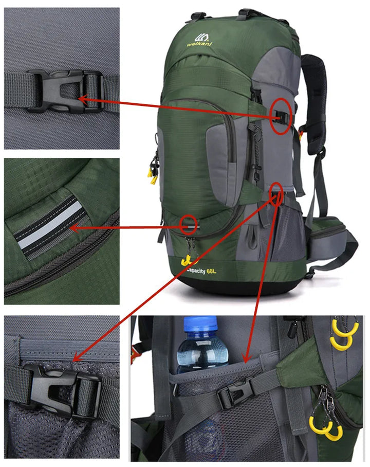 Unisex 60L Reise-Rucksack aus wasserdichtem Material, robust & mit viel Stauraum für lange Abenteuer.