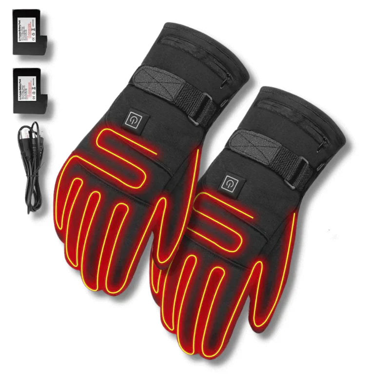 Person trägt warme, beheizbare Unisex Winterhandschuhe beim Skifahren, optimaler Kälteschutz & Komfort.