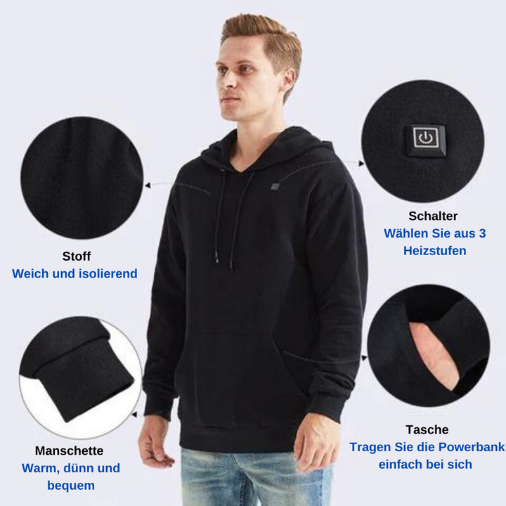 Moderner unisex Heiz-Hoodie in Schwarz, stylisch & warm. Perfekte Wintermode und Kälteschutz für Outdoor.