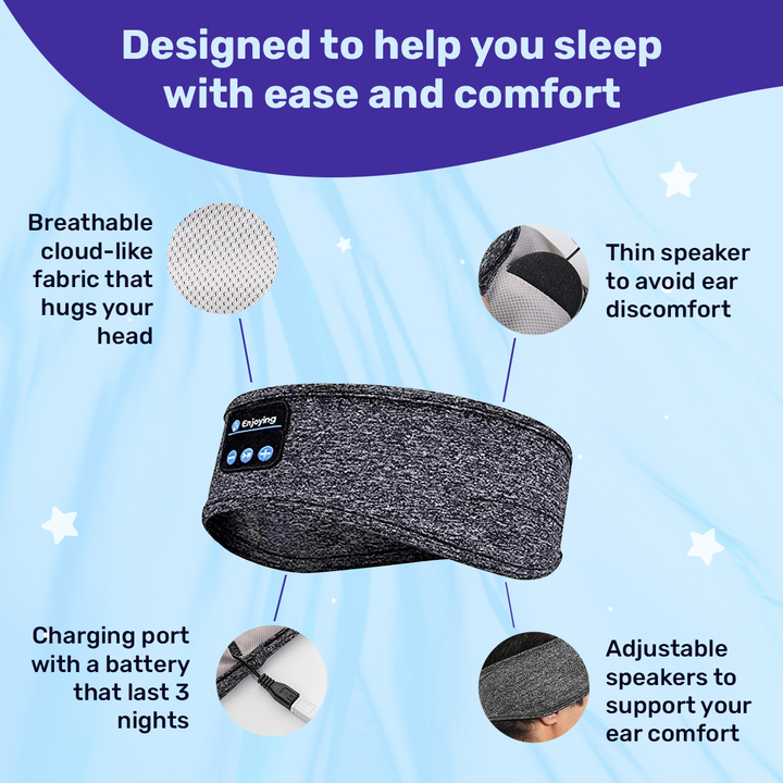 Graues Bluetooth-Stirnband mit integrierten Kopfhörern. Perfekte Schlafhilfe für Entspannung & Geräuschunterdrückung.