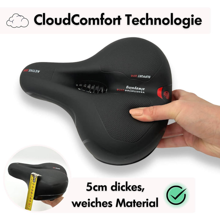 CloudComfort Fahrradsattel in Rot, bietet ultimative Druckentlastung & Komfort für alle Fahrradtypen.
