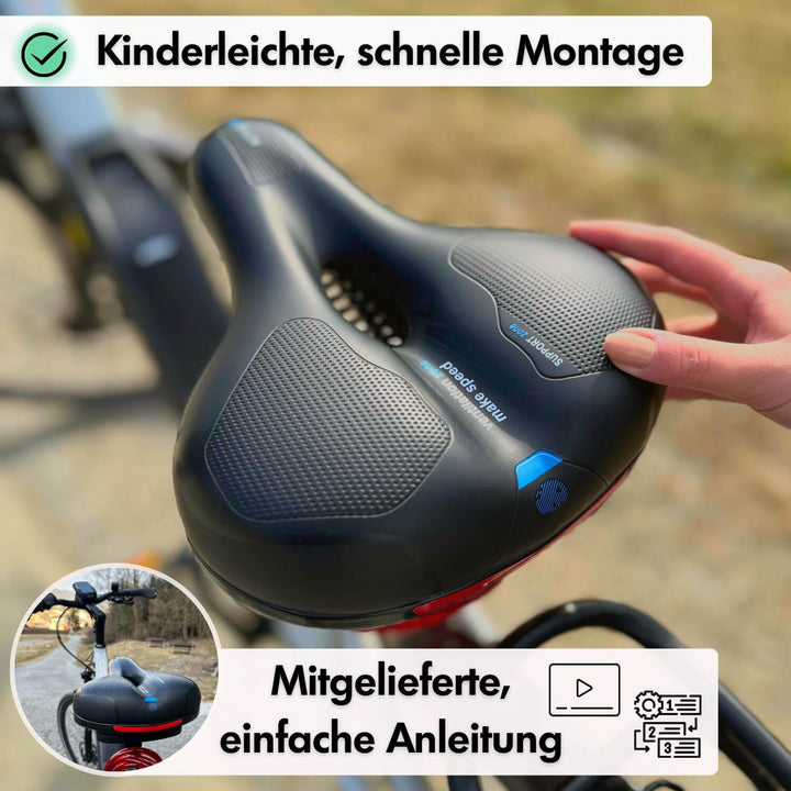 CloudComfort Komfortsattel aus der Seitenansicht, ergonomische Form zur Druckverteilung.
