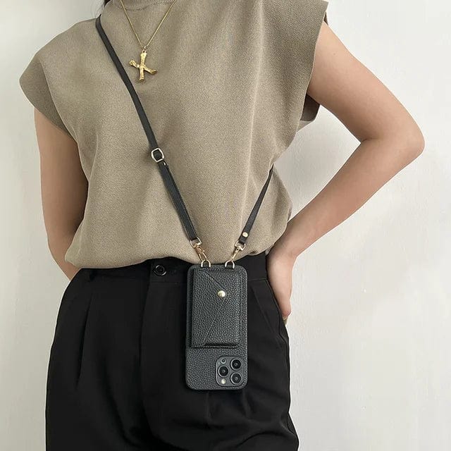 Elegante Unisex Schutzhülle für iPhone & Samsung, mit Umhängegurt und Kartenfächern.