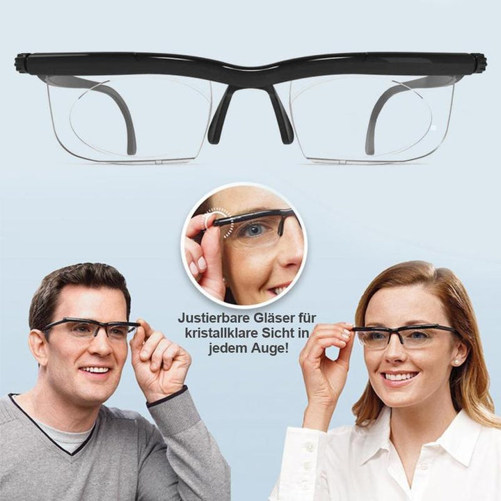 Elegante schwarze Unisex-Lesebrille mit fokussierbarer Zoom-Linse. Stilvolle Sehhilfe für Damen und Herren.