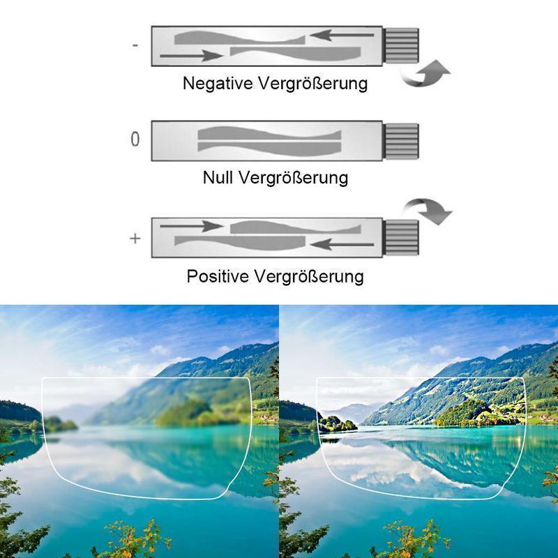 Nahaufnahme der Zoom-Linse einer fokussierbaren Unisex-Lesebrille. Präzise Einstellmöglichkeiten für klare Sicht.