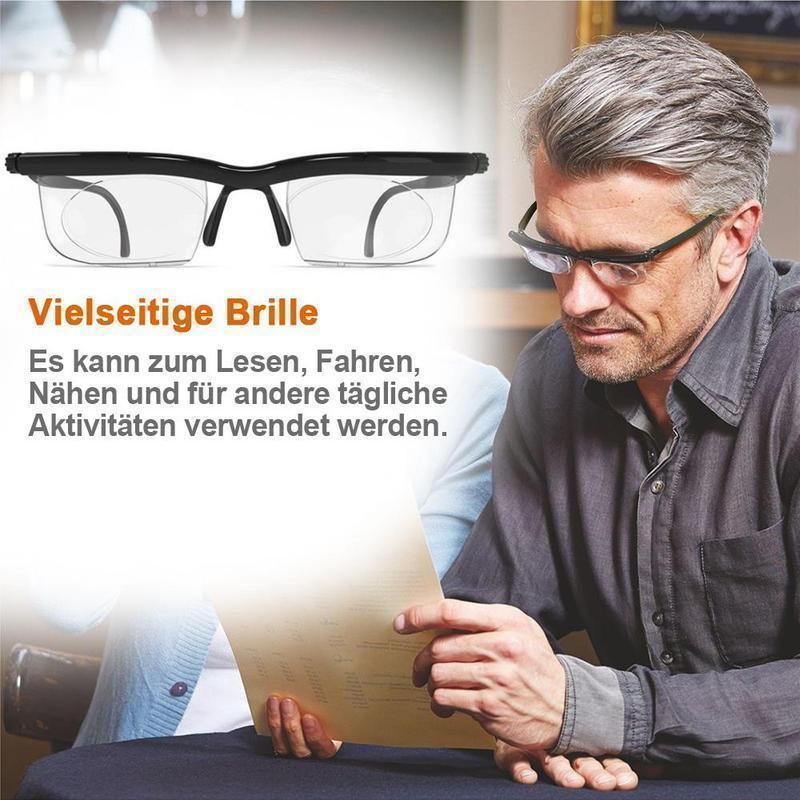 Person trägt komfortable schwarze Unisex-Lesebrille mit einstellbarer Zoom-Linse beim Lesen oder Arbeiten.