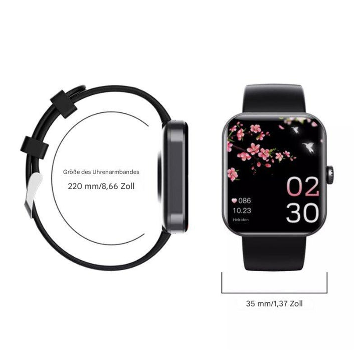 Elegante schwarze GlucoWatch Smartwatch mit Blutzucker-, Herzfrequenz- & Blutdruckmessung.