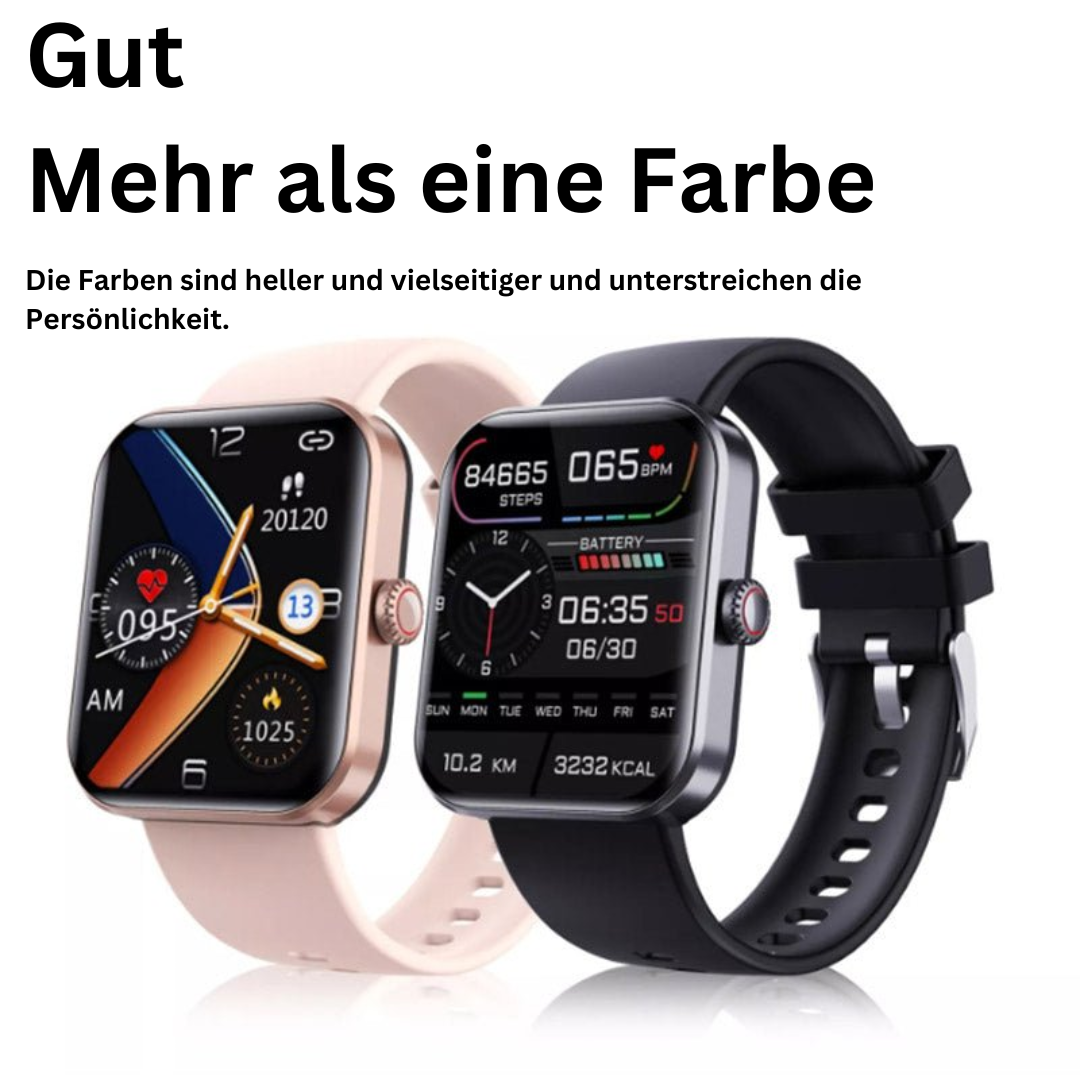 Person trägt GlucoWatch Smartwatch am Handgelenk, zeigt Blutzuckerwerte und Vitaldaten an.