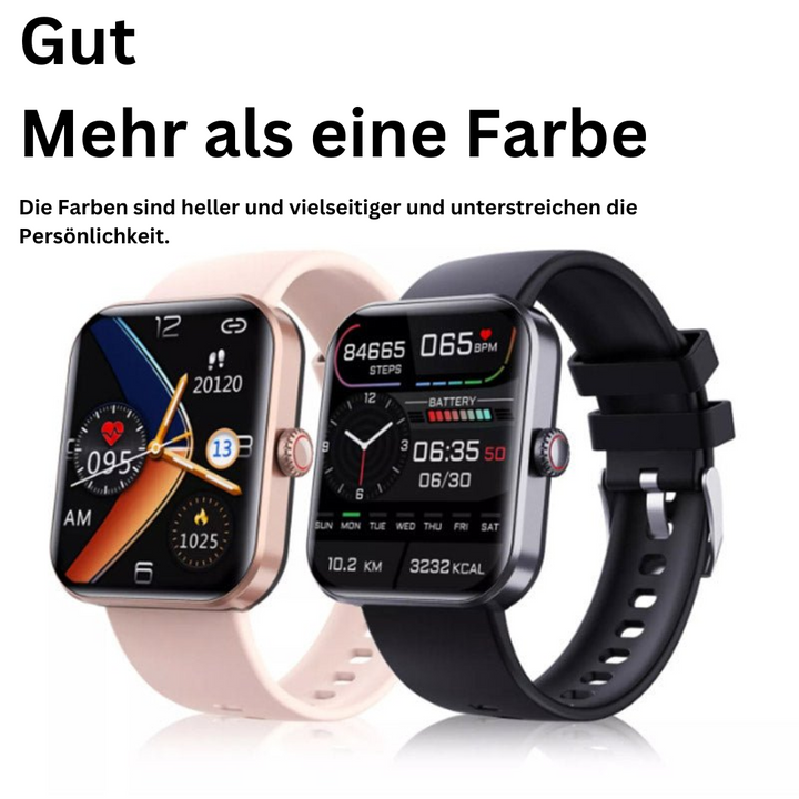 Person trägt GlucoWatch Smartwatch am Handgelenk, zeigt Blutzuckerwerte und Vitaldaten an.