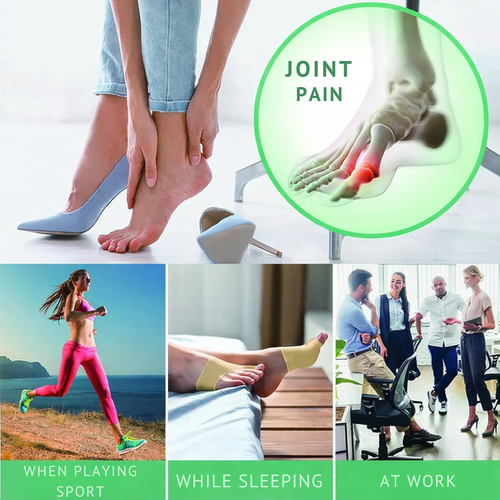 Bequemer Zehenkorrektor am Fuß getragen, lindert Hallux Valgus Schmerzen und fördert Fußgesundheit im Alltag.