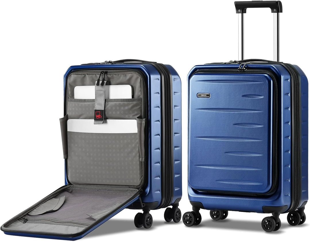 Praktischer erweiterbarer Hartschalenkoffer mit Frontfach, ideal für Kurztrips & TSA-Sicherheit.