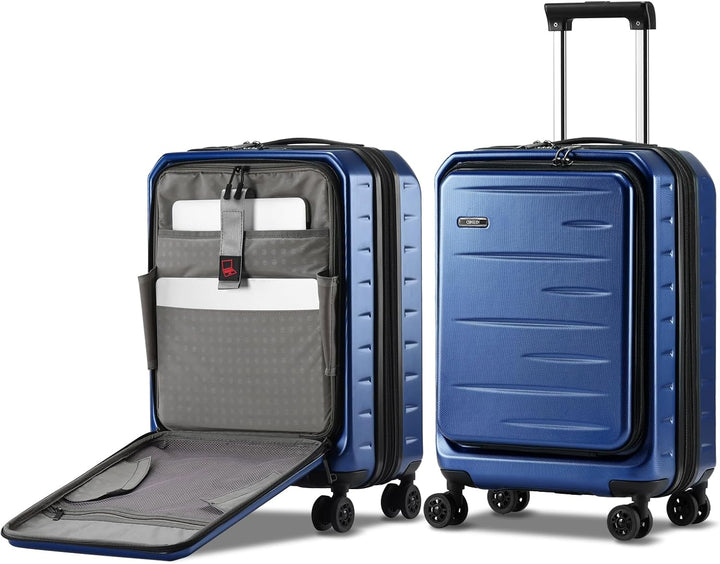 Praktischer erweiterbarer Hartschalenkoffer mit Frontfach, ideal für Kurztrips & TSA-Sicherheit.