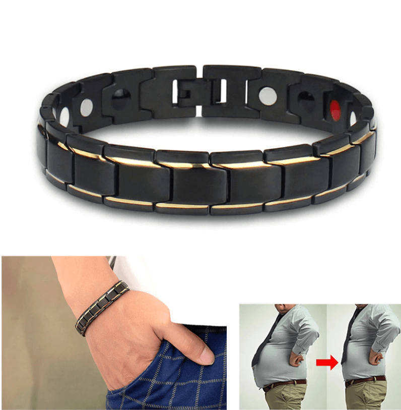 Detailansicht des glänzenden Unisex-Magnetarmbands aus Edelstahl, mit sichtbaren Energiemagneten.