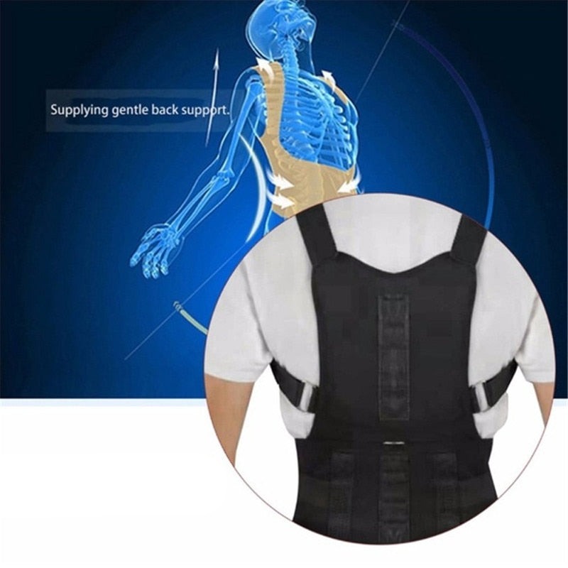 Ergonomische Unisex Rückenstütze mit Magneten zur Haltungskorrektur. Diskret unter Kleidung tragbar.