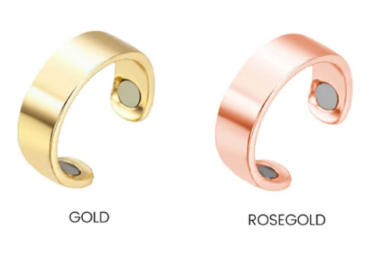 Detaillierte Ansicht des magnetischen Therapierings, verstellbar, in glänzendem Metall-Finish. Unisex-Schmuck.