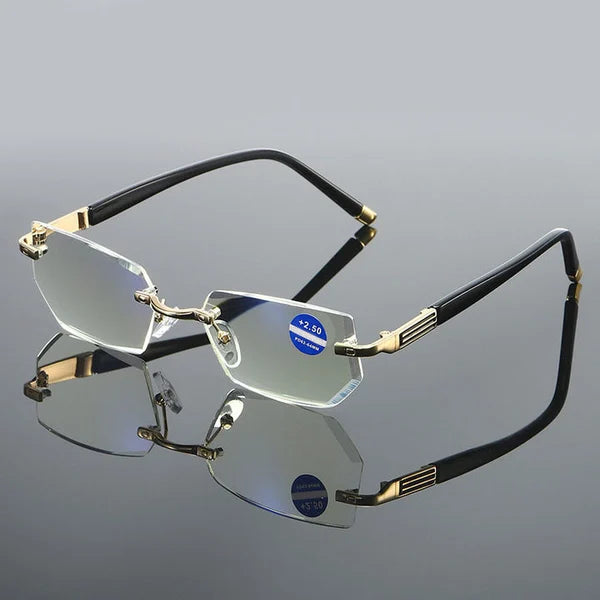 Moderne Unisex Multifokalbrille (Gold) mit Blaulichtfilter als digitaler Augenschutz.