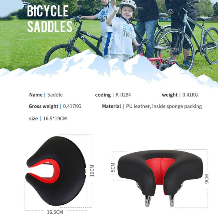 Detailansicht: Nasenloser Fahrradsattel, weich gepolstert, druckentlastend, rotes Design, perfekt für Mountainbiker.