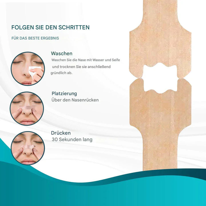 Person mit transparentem Nasenstrip, der die Atemwege öffnet. Effektive Schlafhilfe & Schnarchreduktion.
