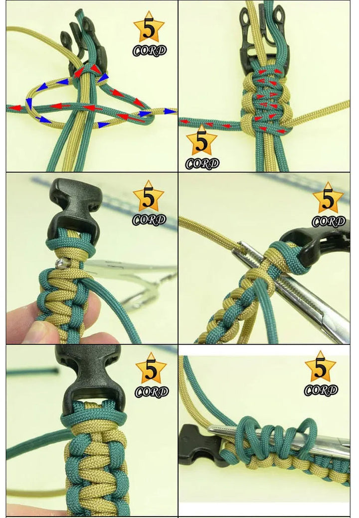 Praktisches 15-in-1 Überlebensarmband aus Paracord mit Feuerstarter, Kompass & Notfallpfeife.