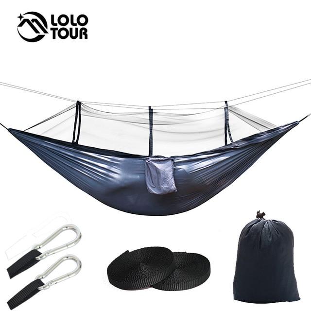 Doppelhängematte aus Fallschirmnylon mit Moskitonetz, entspannt campen.