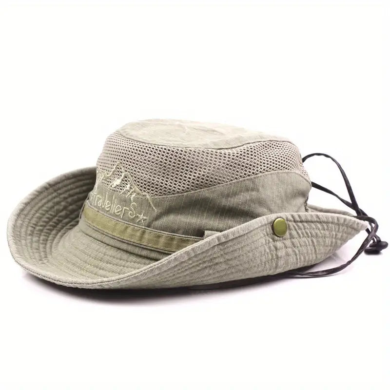 Khakifarbener Unisex Outdoor Sonnenhut mit breiter Krempe und UV-Schutz. Perfekt für Wandern & Garten.
