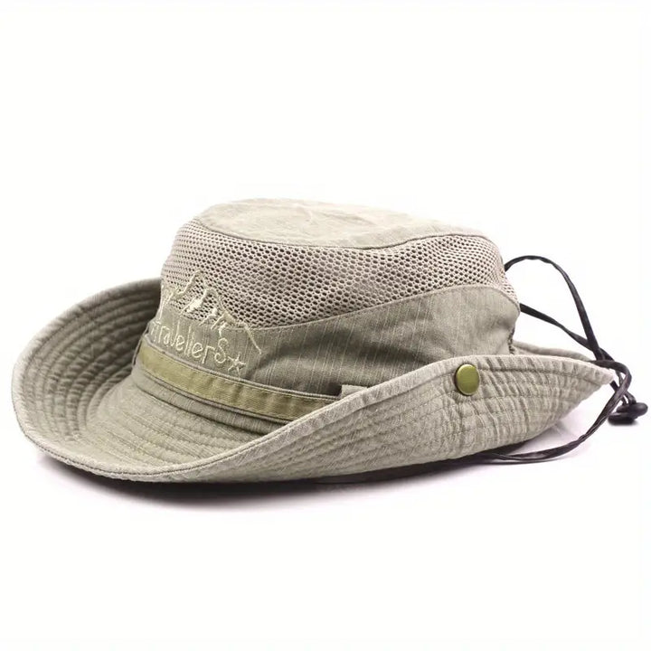 Khakifarbener Unisex Outdoor Sonnenhut mit breiter Krempe und UV-Schutz. Perfekt für Wandern & Garten.