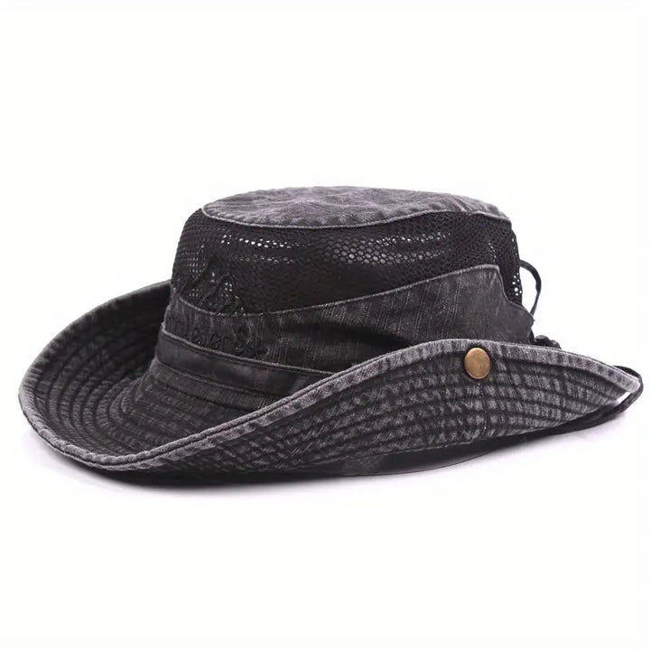 Schwarzer Unisex Sonnenhut, faltbar, breite Krempe, verstellbare Riemen. UV-Schutz für Reise & Outdoor.