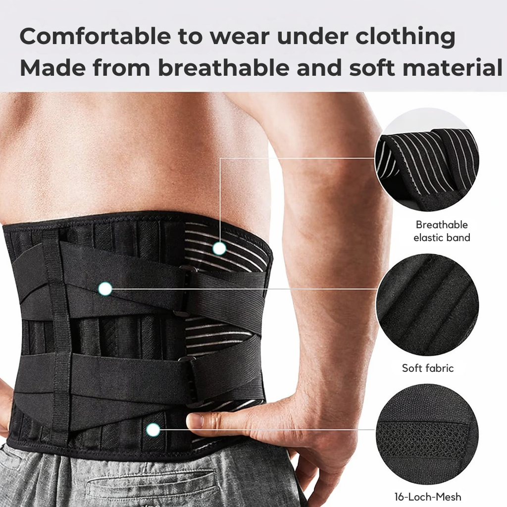 Unisex Rückenstütze mit 360° Stabilisierung der Lendenwirbelsäule; orthopädischer Stützgurt für Sport und Alltag.