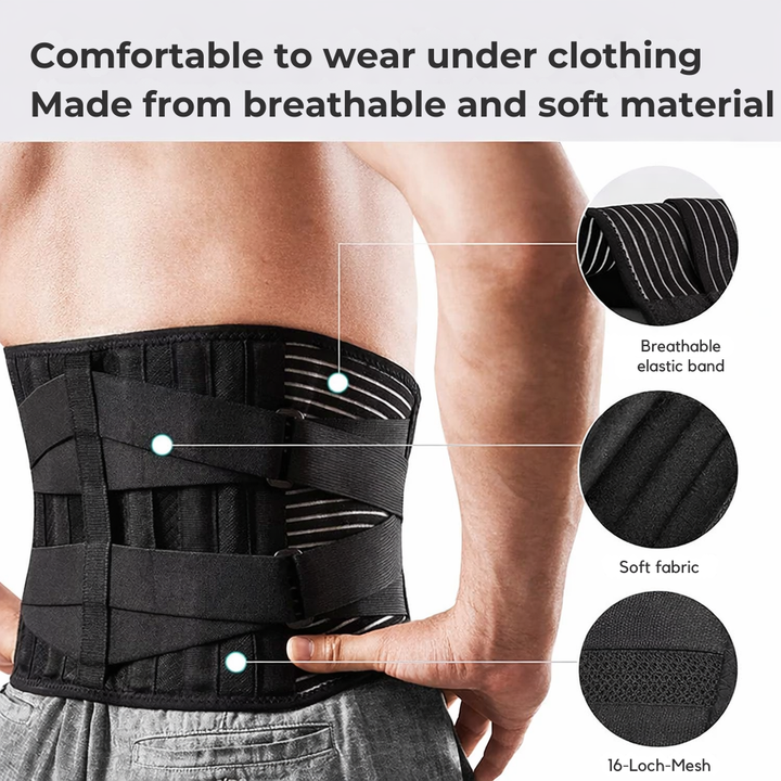Unisex Rückenstütze mit 360° Stabilisierung der Lendenwirbelsäule; orthopädischer Stützgurt für Sport und Alltag.
