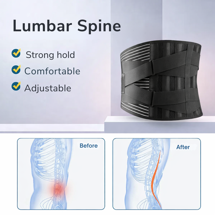 Detailansicht der unisex Lendenwirbel-Rückenstütze; atmungsaktiver Stützgurt für orthopädische Stabilisierung und Schmerzlinderung.