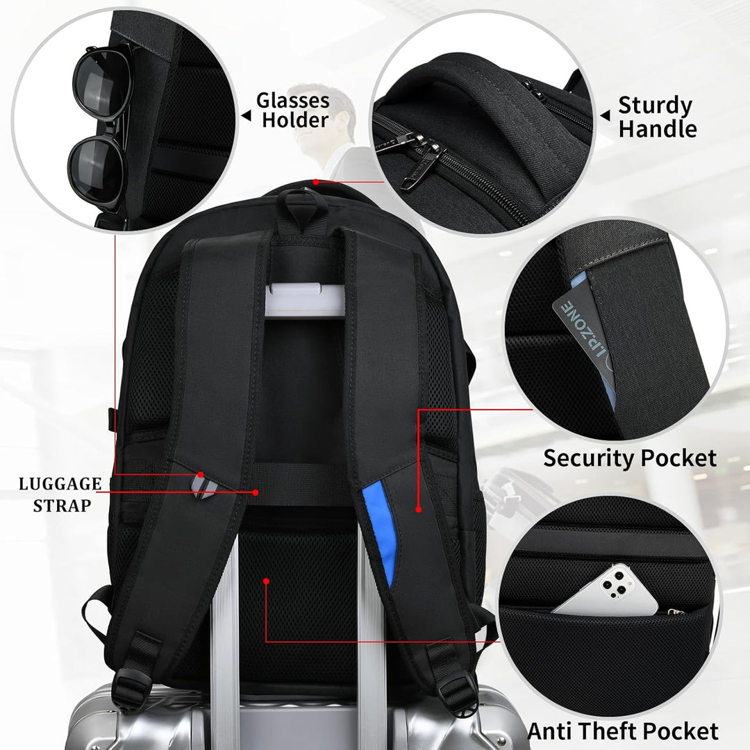 Schwarzer Tagesrucksack für Damen mit Laptopfach, USB & Innenorganisation.