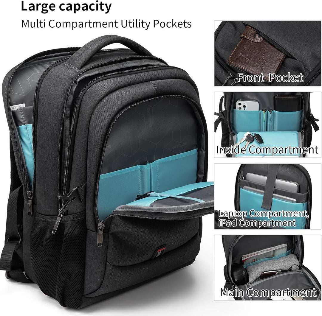 Schwarzer Unisex Reiserucksack, ideal für Kurztrips, mit USB-Anschluss.