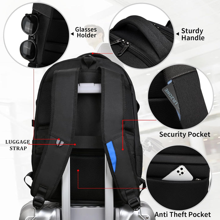 Schwarzer Laptop-Rucksack für Studenten & Pendler mit USB-Port & viel Platz.