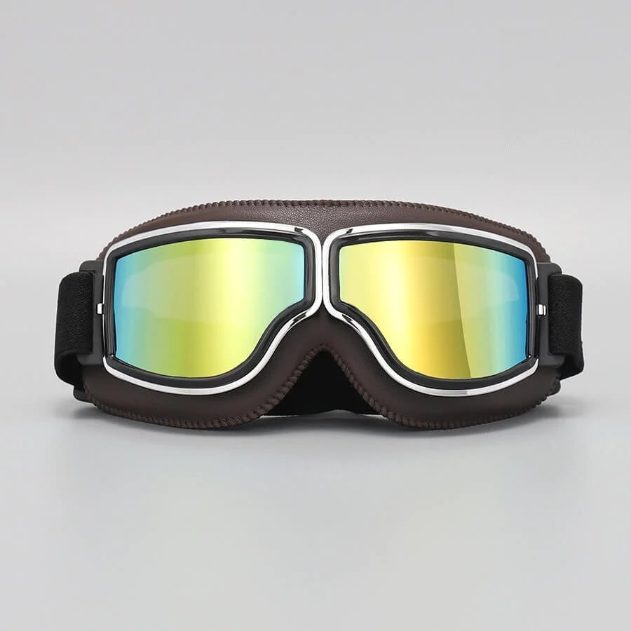 Detailaufnahme der Retro Motorradbrille, robuster Rahmen, UV-Schutz, stoßfest.