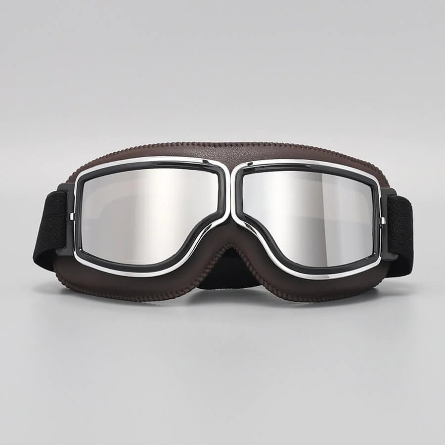 Getönte Retro Motorradbrille, stoßfest und UV-geschützt, perfekt für sonnige Ausfahrten.