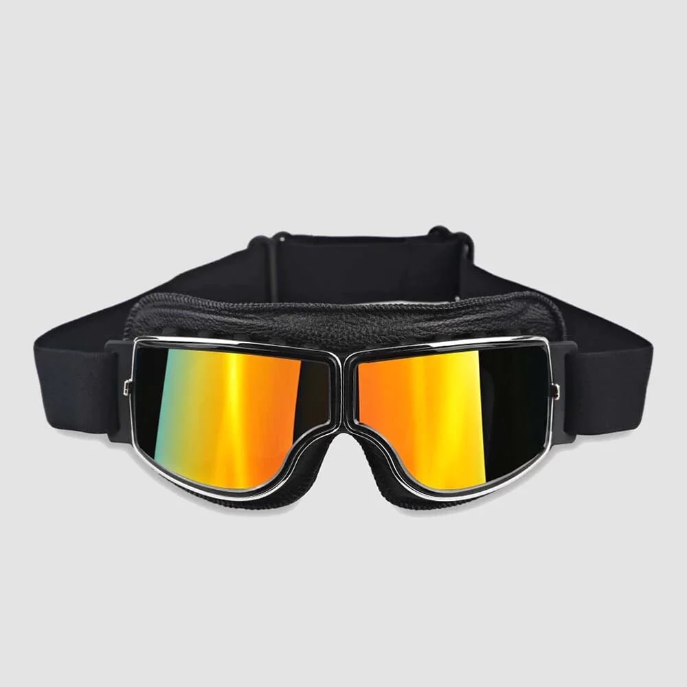 Retro Motorradbrille mit Chrom-Akzenten, unisex, stoßfest, UV-Schutz, verstellbar.