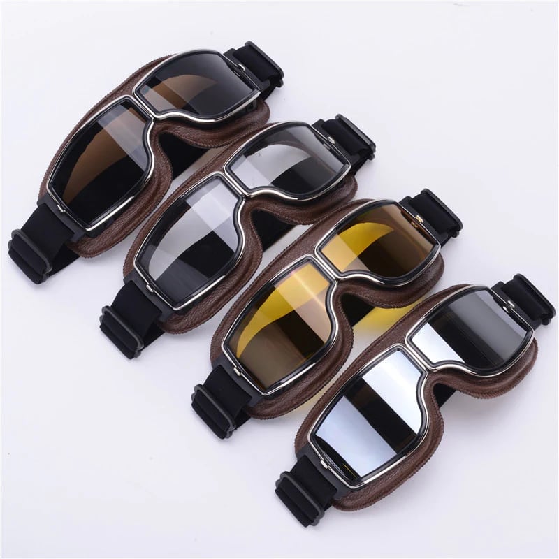 Seitliche Ansicht der Retro Motorradbrille, verstellbares Band, UV-Schutz, für Motorrad & Roller.