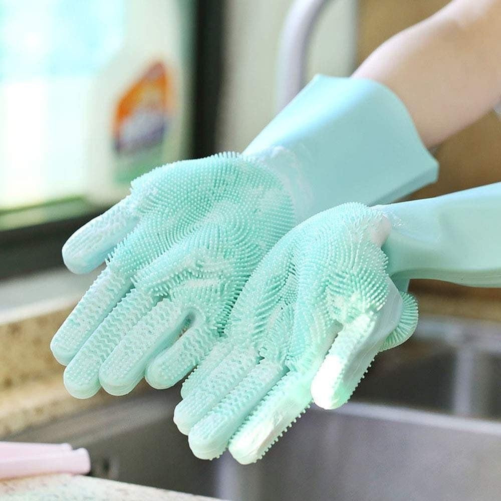 Rutschfeste Silikon-Spülhandschuhe mit Bürsten, für eine gründliche Reinigung in Küche, Bad und Haushalt.