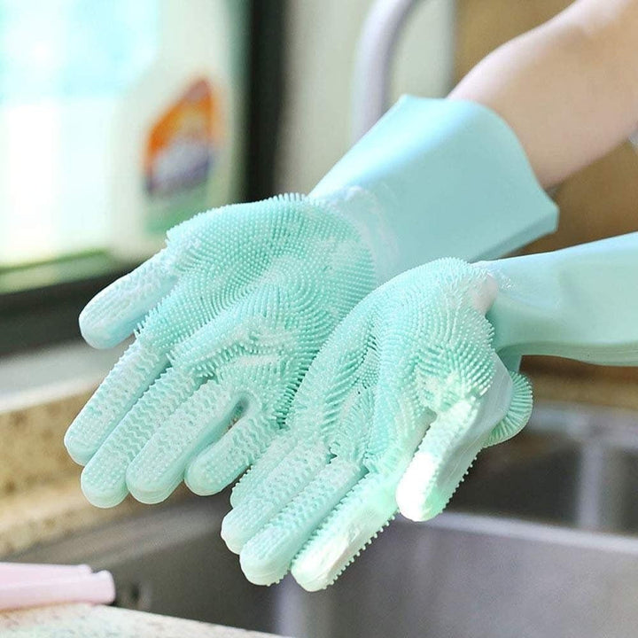 Rutschfeste Silikon-Spülhandschuhe mit Bürsten, für eine gründliche Reinigung in Küche, Bad und Haushalt.