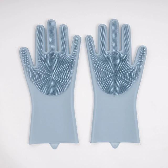 Pflegeleichte Silikonhandschuhe mit integrierten Bürsten, einfach abspülbar und schnell trocknend.