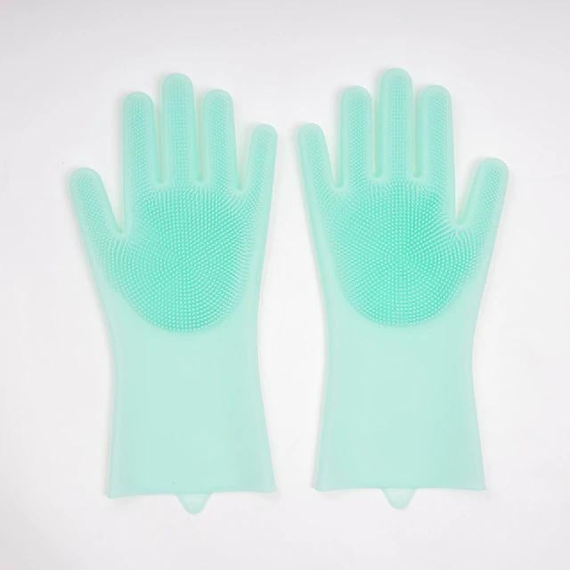 Paar BPA-freie Mehrzweck-Reinigungshandschuhe mit integrierten Silikonbürsten, ideal für Küche und Bad.