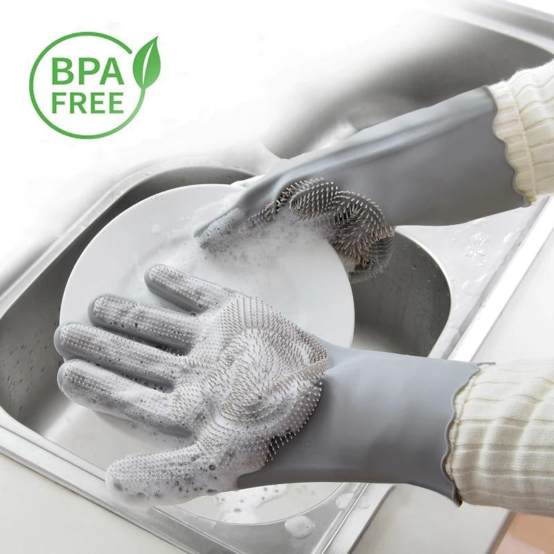 Robuste Putzhandschuhe mit Silikonborsten als Spülbürste, ideal für Geschirr und vielseitige Reinigung.