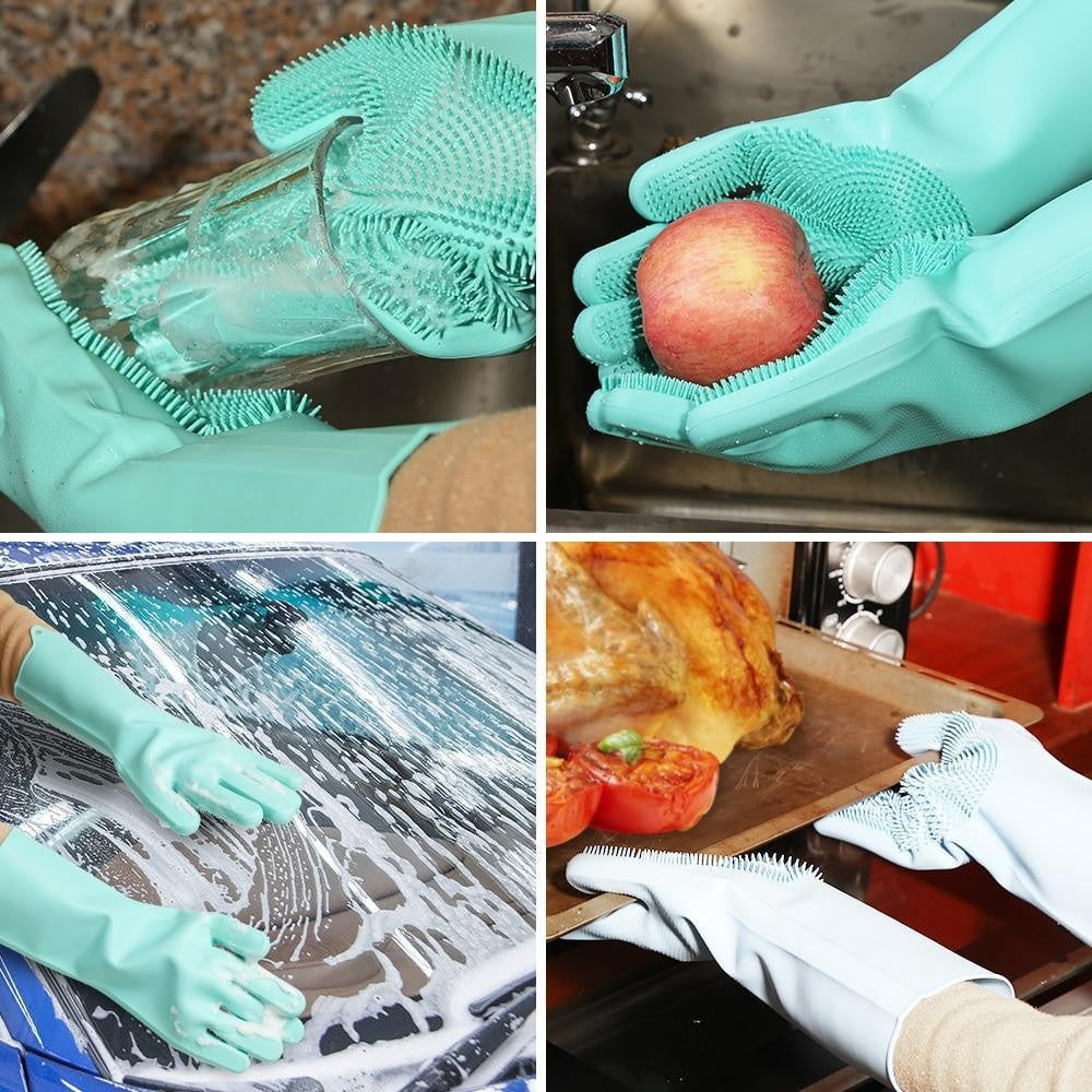 Innovative Reinigungshandschuhe mit integrierter Spülbürste, perfekt für hygienisches Spülen von Geschirr.