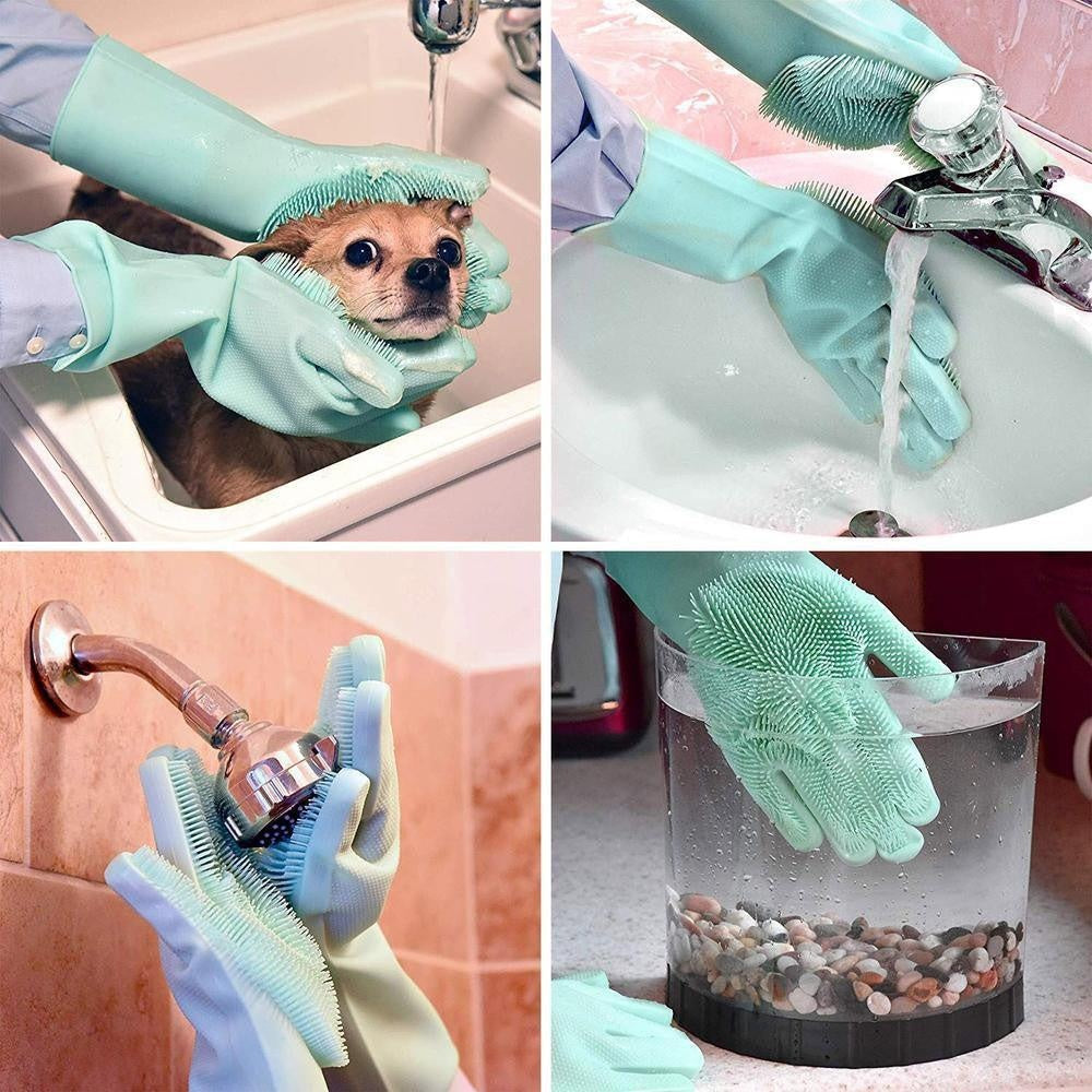 Hitzebeständige Silikon-Putzhandschuhe mit Bürstenfunktion, schützen Hände bei jeder Hausarbeit.